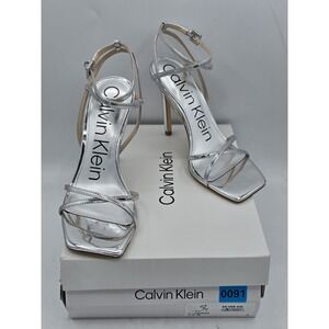 New - Calvin Klein Women's Tegin Heeled Sandal, Silver‎ 040 - size 7.5 M